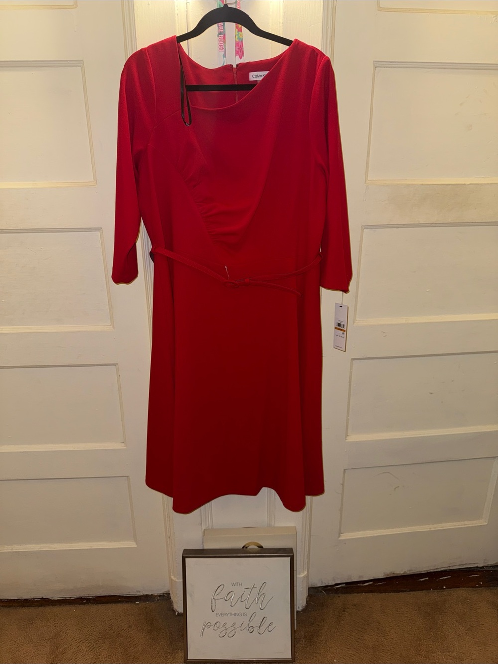 Calvin Klein Red Long Sleeve Midi Dress with Belt